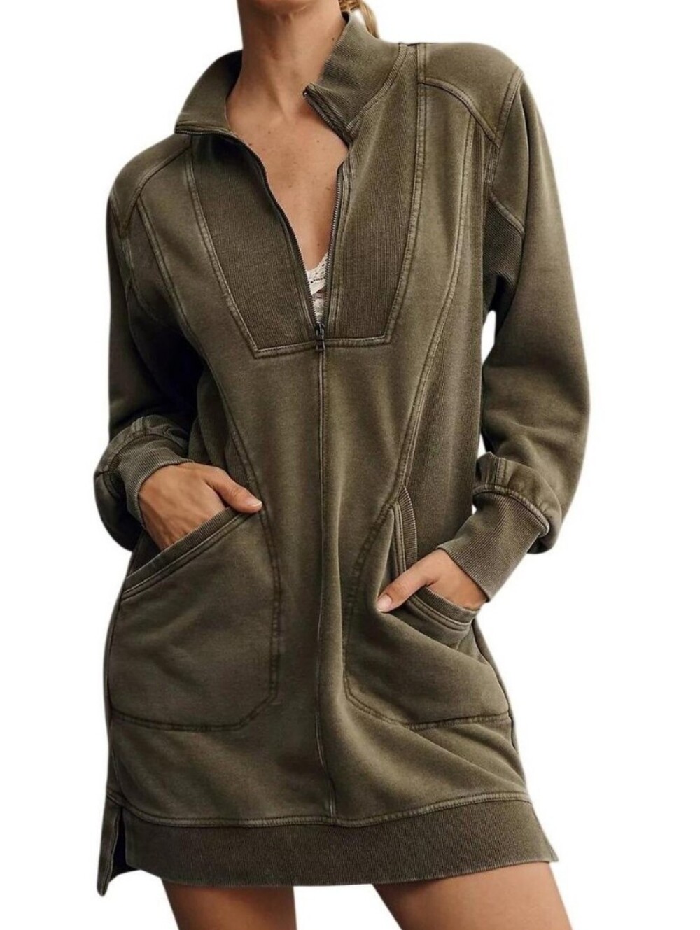 Daily Practice by Anthropologie Olive Green Quarter Zip Sweatshirt Dress L